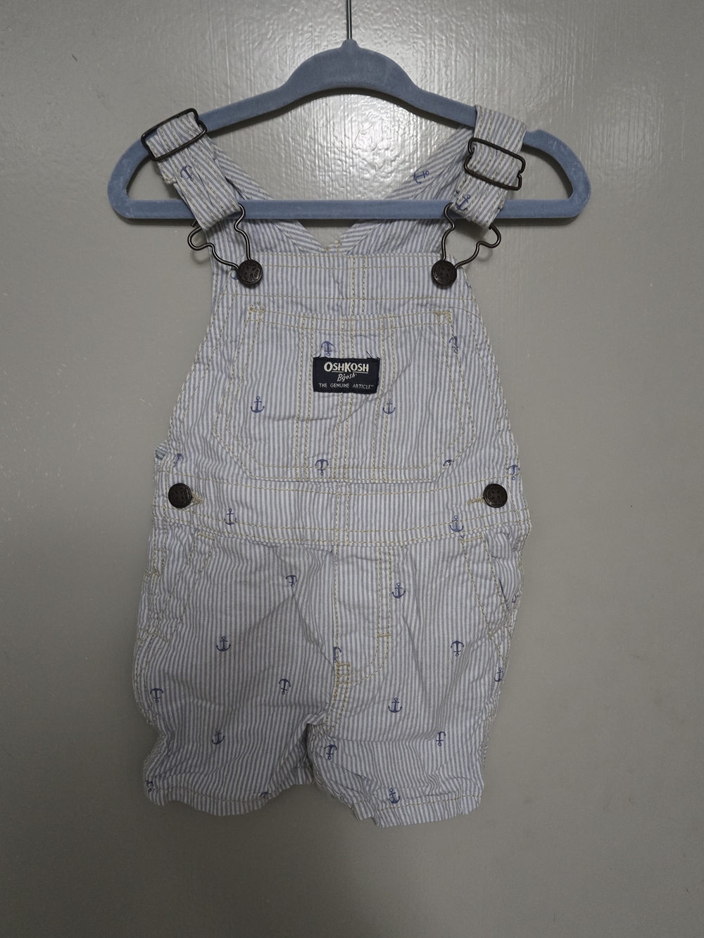 OshKosh B'gosh Light Blue & White Striped Anchor Shortalls